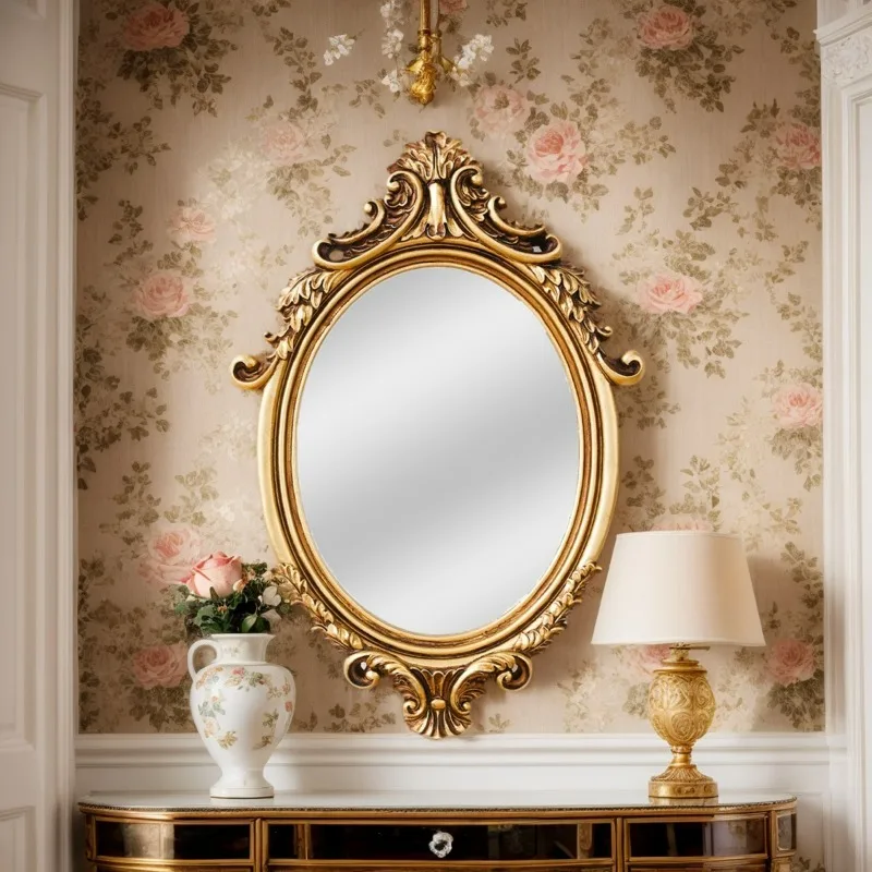 Gold Classical Pattern Decorative Mirrors Wall Oval Decorative Hanging Mirror Background Wall Decorative Home Art Pendant