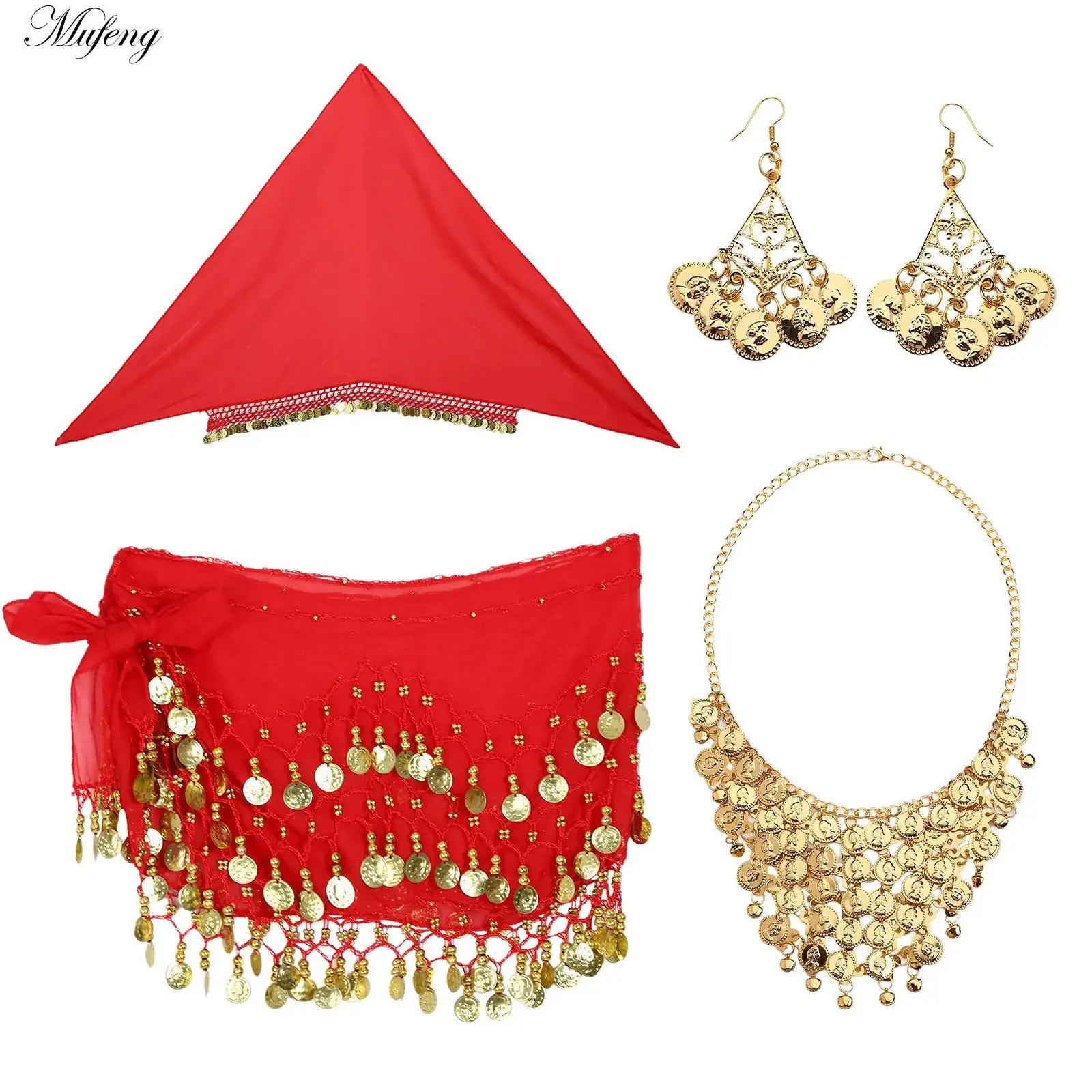 Womens Halloween Belly Dance Costumes Head Scarf Dangle Earring Coin Necklace and Hip Skirt Gypsy Dancing Pirate Accessories