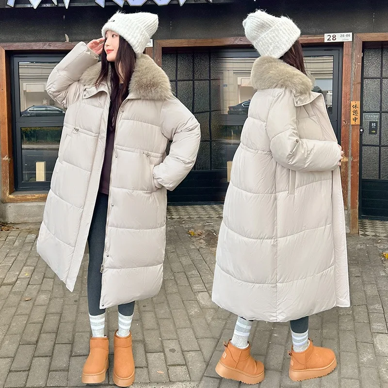 Faux Fur Trim Maxi Puffer Coat Women Longline Hooded Snap Button Cinched Waist Thickened Thermal Windproof Outerwear Winter New