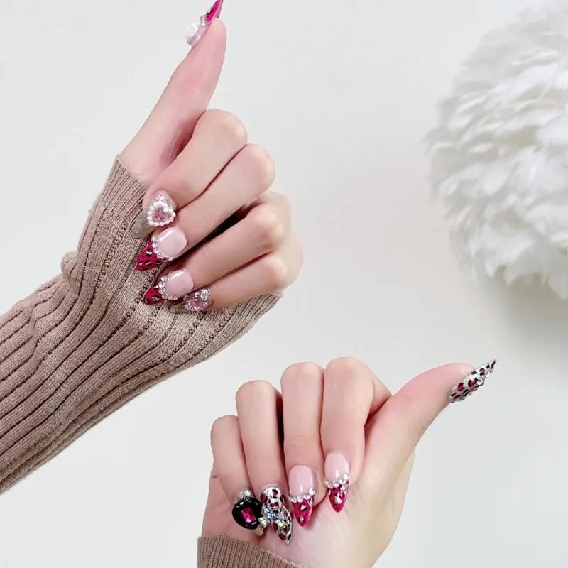 Pressione unhas feitas à mão com brilho de leopardo, vermelho AB strass design curto amêndoa unhas falsas, presente para festa de aniversário, reutilização, 10pcs