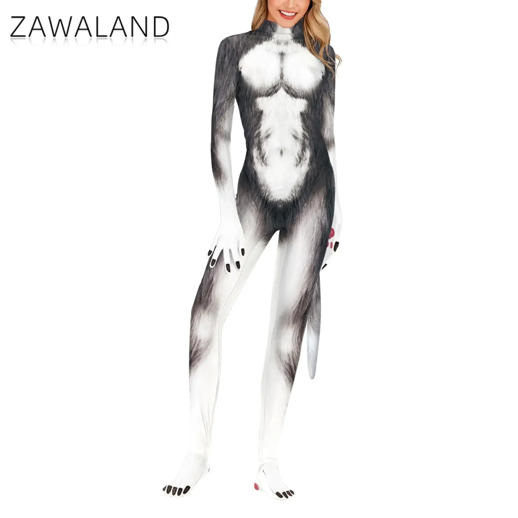 Zawaland Hond Puppy Paar Petsuit Husky Kostuum Fancy Vermomming Slijtage Vrouw Man Halloween Carnaval Volledige Body Feestkleding