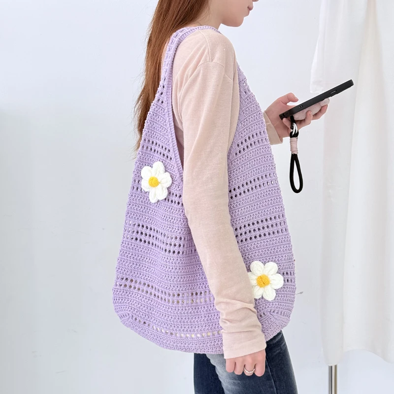 3D-Blumen-Hohlstrick-Umhängetasche, Koreanische Damen-Handtasche in Süßer, Niedlicher Einfarbiger Ausführung, für Pendeln und Freizeitreisen – Detail 22