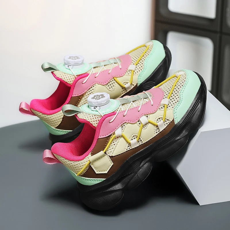

A pair of children's candy color mesh sneakers rotary buckle shock absorbing thick sole kids daily walking trainers AYY-T2615