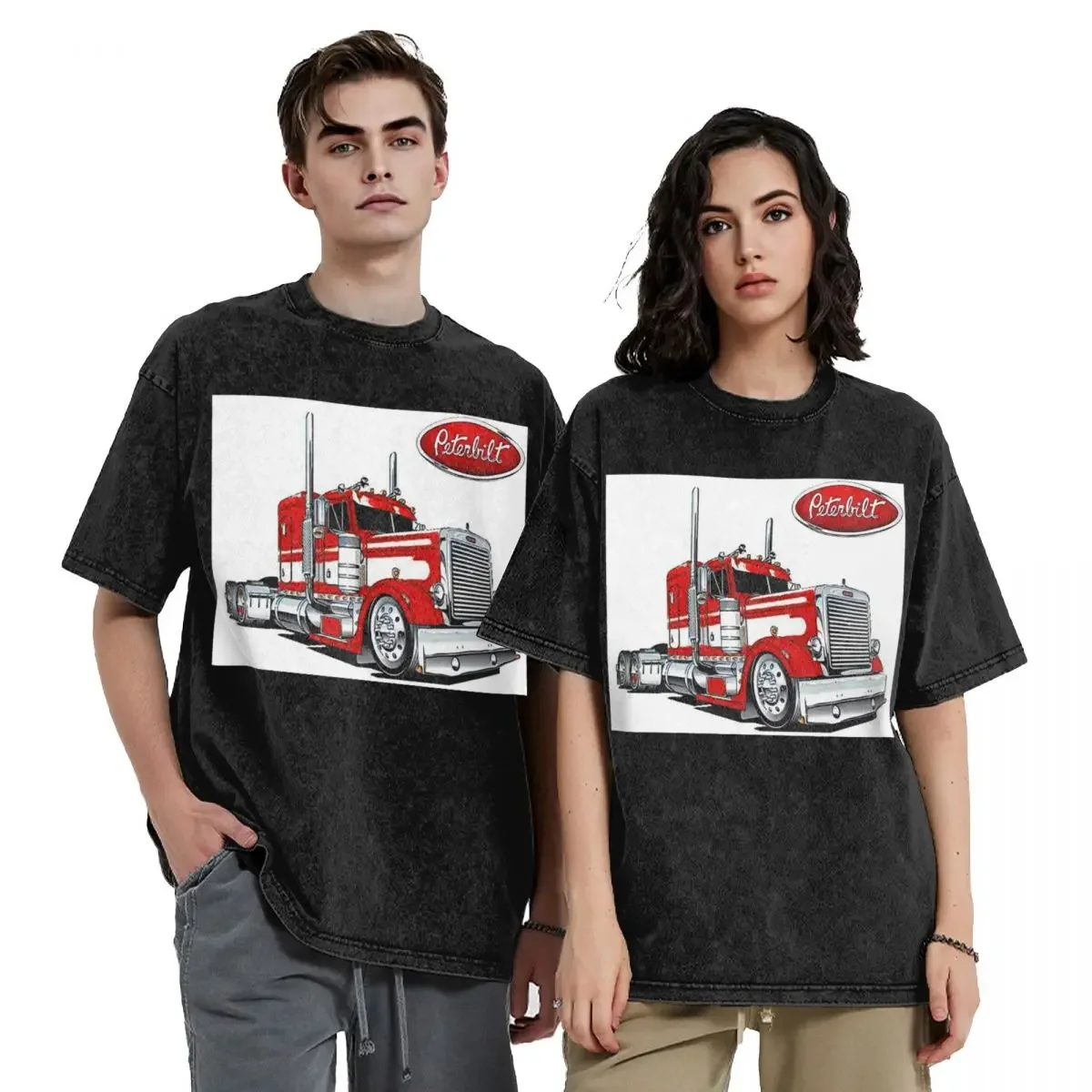 

Peterbilt Truck Hip Hop Short Sleeve T-Shirts Washed Tops Tees Streetwear T Shirt Cotton for Men Women