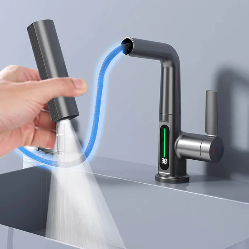 Pulling Lifting Digital Display Faucet Bathroom Smart Temp Tap360 Rotating Faucet 5Sprayer Water Saving HotCold Washbasin Faucet