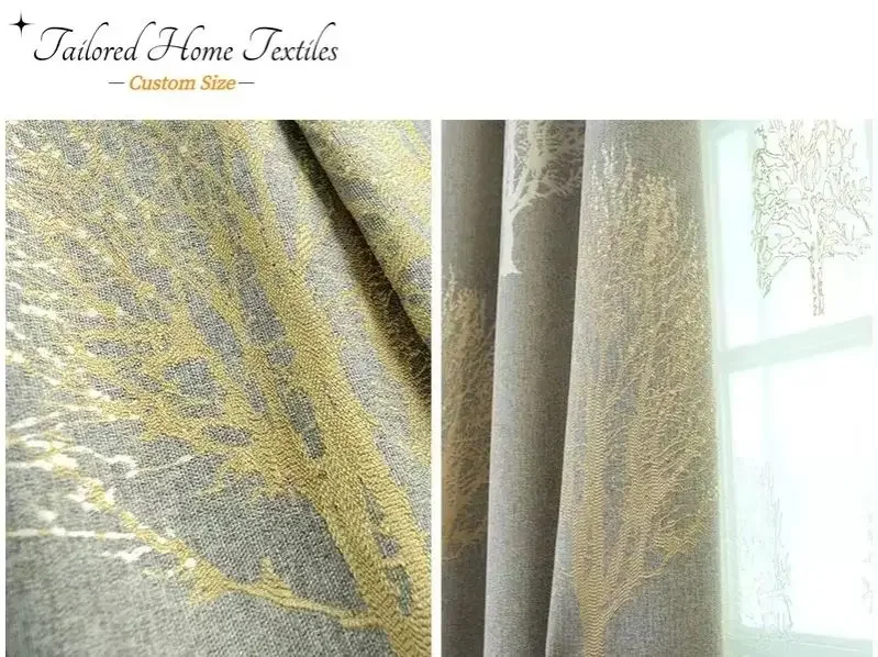 Custom size European Blackout Curtain for Living Room Tulle Bedroom Cotton Linen Jacquard Sheer Simple Fresh Fortune Tree Print