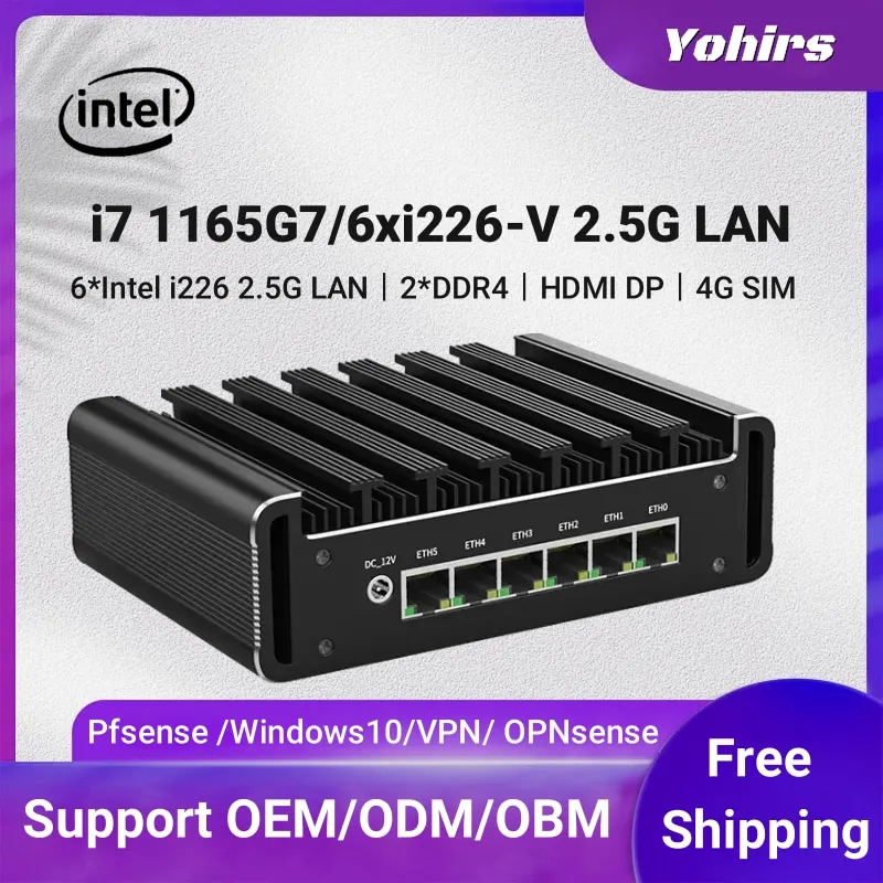 เราเตอร์6 LAN 2.5กรัม i7 1185G7 i5 Intel i226-V 2 * DDR4คอมพิวเตอร์ไฟร์วอลล์ NVMe HDMI2.0คอมพิวเตอร์ขนาดเล็กไม่มีพัดลม DP1.4 ESXi Proxmox