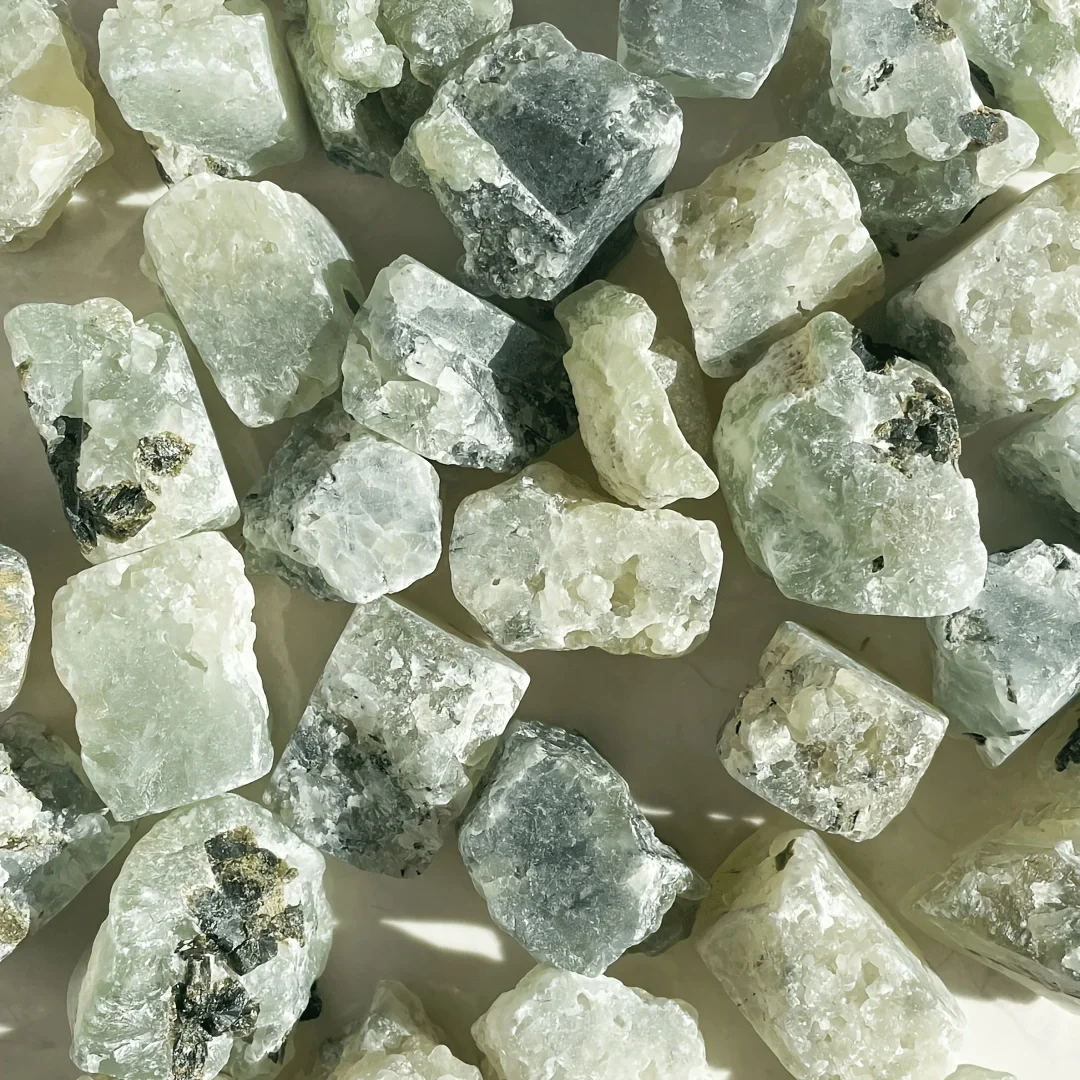 Raw Prehnite Crystal, Natural Prehnite, Small pieces of green natural stone and crystal with dark Epidote inclusions, Home decor