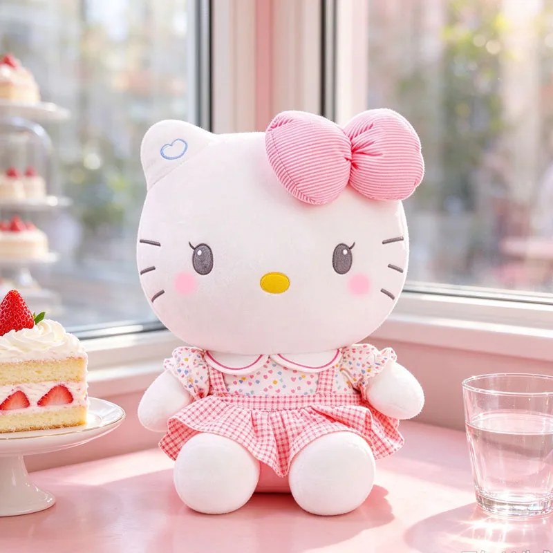 Pink Bow Hello Kitty Plush Doll Cute KT Cat Stuffed Toy with Heart Pattern Blouse & Gingham Skirt Kids Birthday Xmas Present