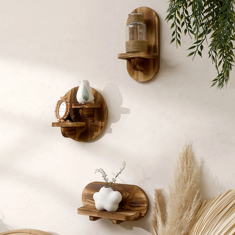 New Charcoal-fired Oval-shaped Wooden Handicrafts Wall Shelves Simple Home Bedroom Living Room Decoration