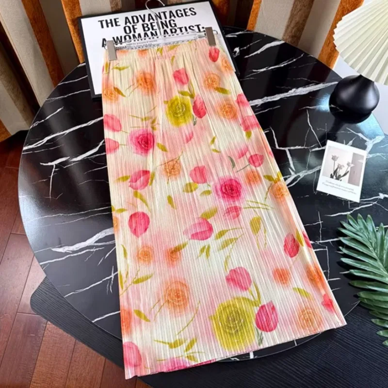 Miyake Printed Skirt 2026 Summer New Pleated Mid-Length Gradient Split Skirt Women Casual Vacation Travel Clothing with Pockets