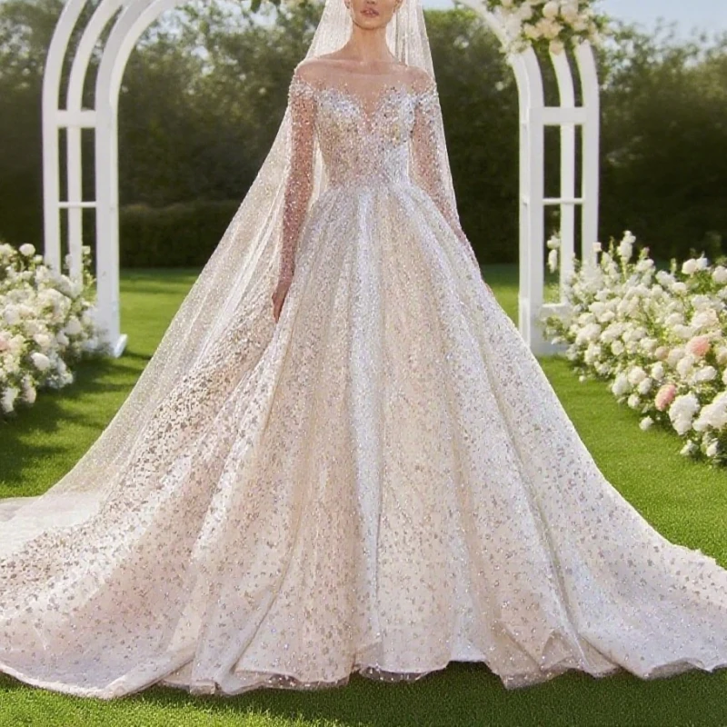 

Luxury Wedding Dresses For Women Long Sleeve Princess Sparkling Beaded Bridal Dress Vestidos De Novia Bride Wedding Dresses