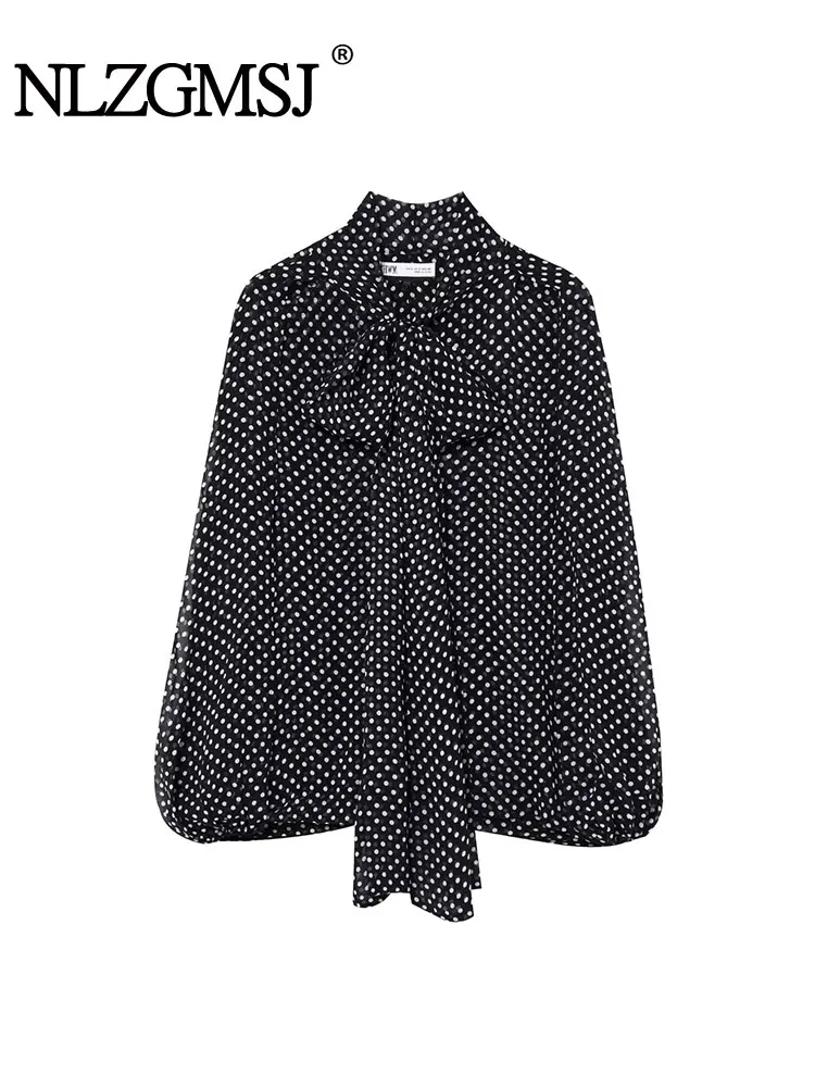 

2025 Spring Summer Casual Chic Women Blouse Polka Dot Bow Turn-down Collar Loose Blouse New Fashion Shirts