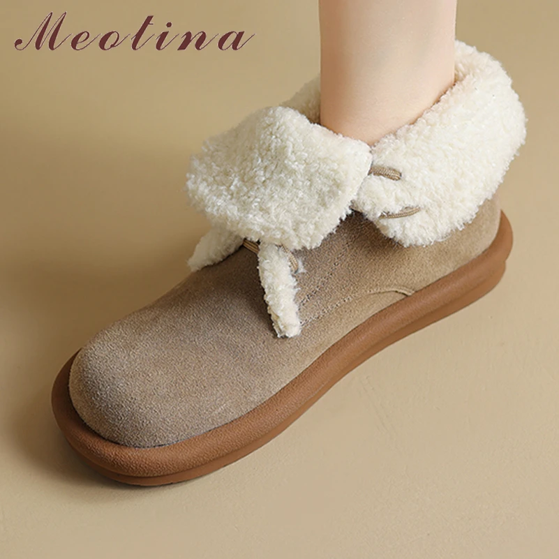 

Meotina Women Genuine Leather Ankle Short Boots Round Toe Flats Lace-up Fur Cow Suede Snow Boots Lady Fashion Shoes Winter Brown