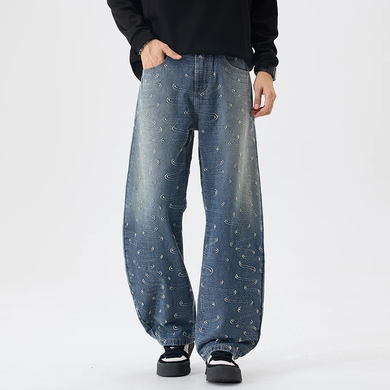 

2026, весенне-осенние новые винтажные потертые хлопковые широкие джинсы с принтом для мужчин, одежда, свободные мужские брюки