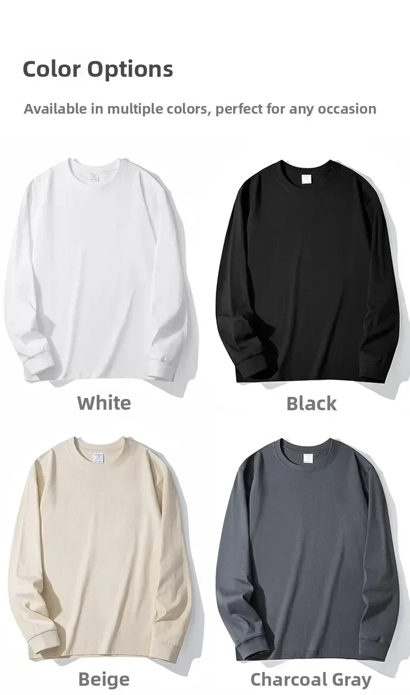 Weißes, schweres 400g reines Baumwoll-Langarm-T-Shirt, Unisex Basic Loose Inner Wear Base Layer Shirt für Männer und Frauen. – Detail 8