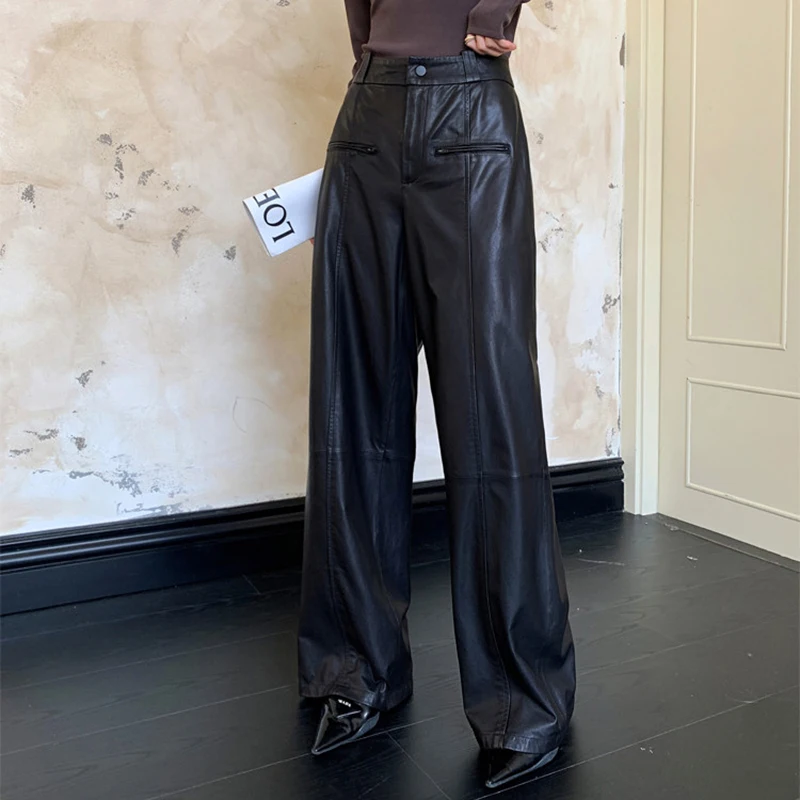 Leather Pants Woman Imported Ultra-Thin Soft Plant Tanned Sheepskin Casual High Waist Slim Versatile Coffee Straight Trousers