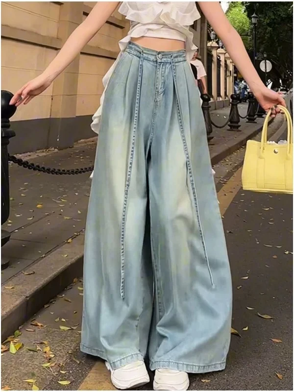 

Мужские джинсы большого размера (до 300 фунтов), в американском ретро-стиле, с поясом, широкие, из выстиранной ткани, свободные, драпирующиеся, расклешенные, летние, повседневные, прямого кроя