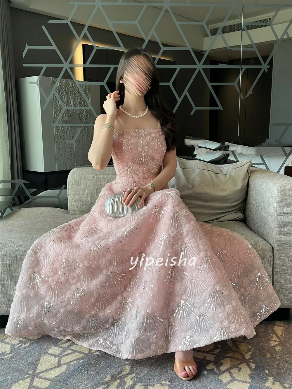 Customized Modern Style Intricate Flower Sequined A-line Strapless Long Dresses Bespoke Occasion Dresses Sizes Available Sexy