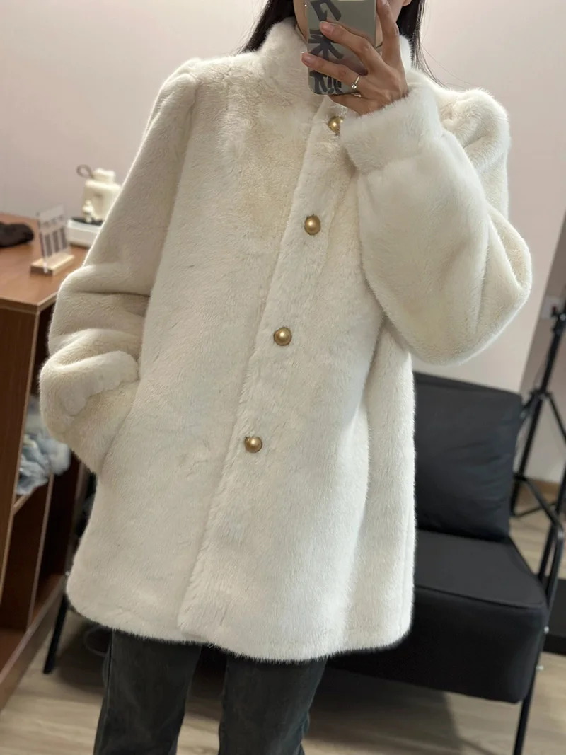 Faux Fur Coat with Stand-up Collar for Women Elegant Fluffy Jacket Eco Fur Coat Vintage Clothes Browm Winter Jacket 2023