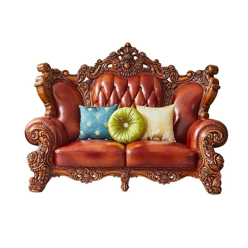 

Living room first layer cowhide sofa combination solid wood double-sided carving