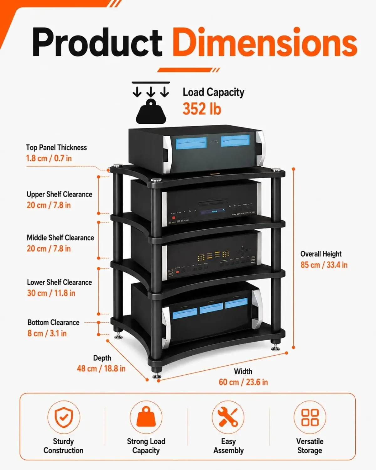 Teak Media Stand Heavy Duty AV Rack 352 Lb Load Anti Vibration Feet Cable Management Open Ventilation