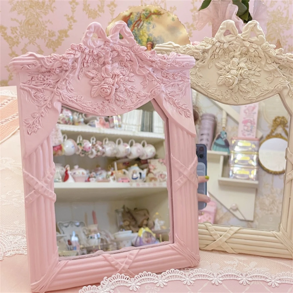 

Vintage Decorative Mirror Photo Frame Resin Pink Carved Mirror Desktop Ornaments White Photo Frame Home Decoration Ornaments