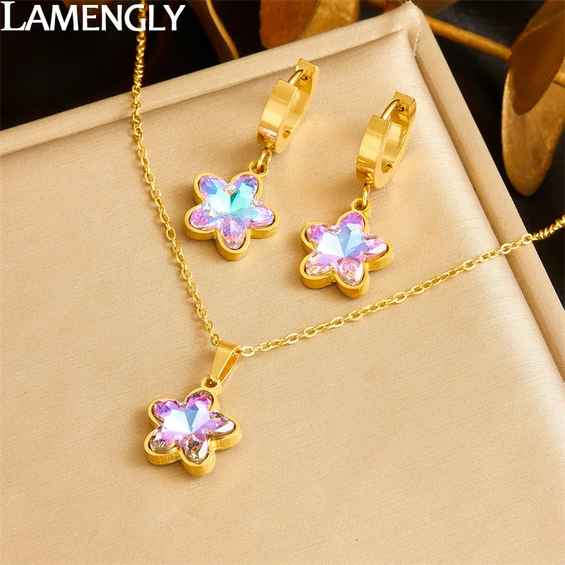 LAMENGLY 316L Stainless Steel Colored Gradient Rhinestone Flower Pendant Necklace Earrings Women Trendy Girls Jewelry Set Gifts