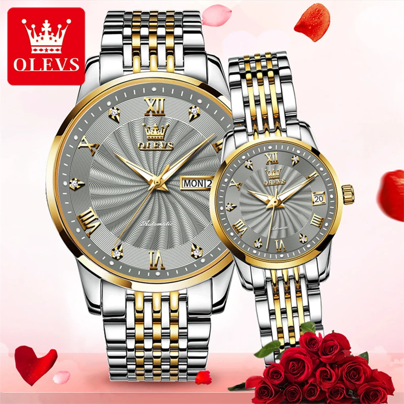 OLEVS New Couple Mechanical Watch Stainless Steel Strap Waterproof Luminous Watches Fashion Simple Luxury Couple Wristwatches