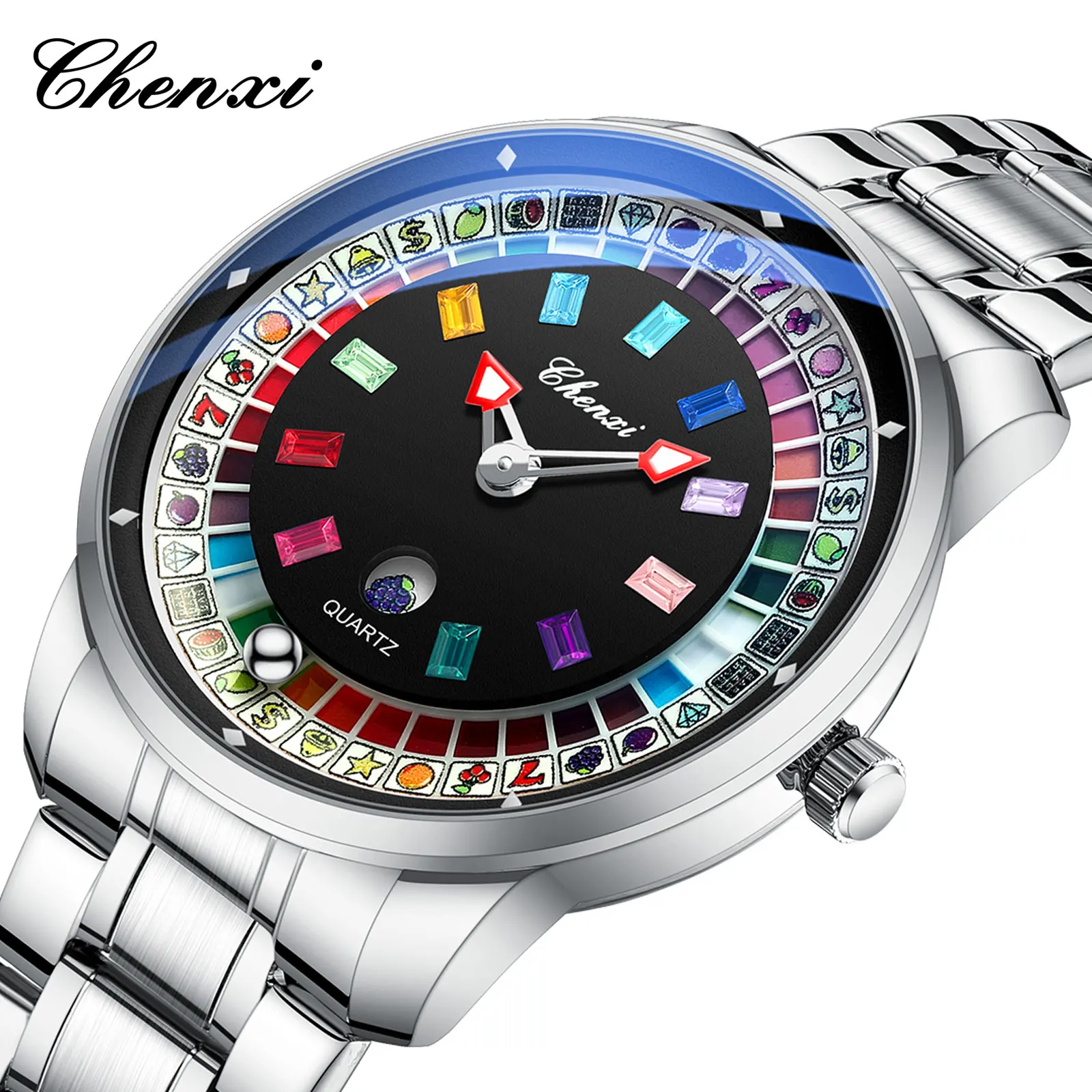 CHENXI Top Brand Fashion Colorful Diamonds 360° Rotating Dial Quartz Watch Stainless Steel Calendar Waterproof Watch for Man