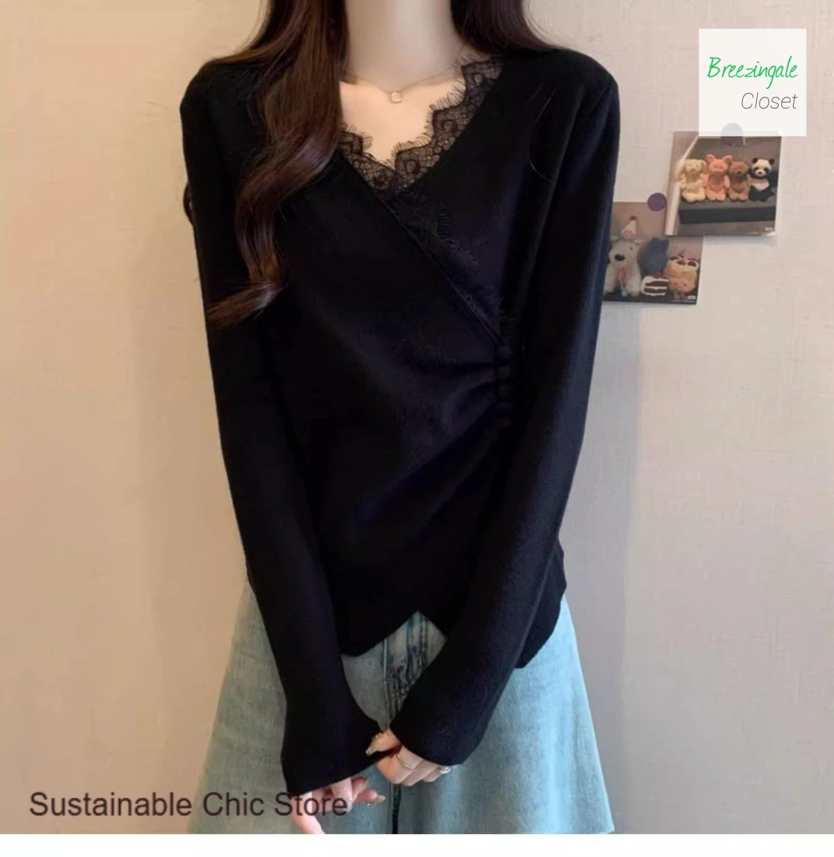 Camiseta de manga larga con cuello en V y costuras de encaje para mujer, diseño de moda de estilo coreano, nueva camisa de fondo irregular para otoño e invierno