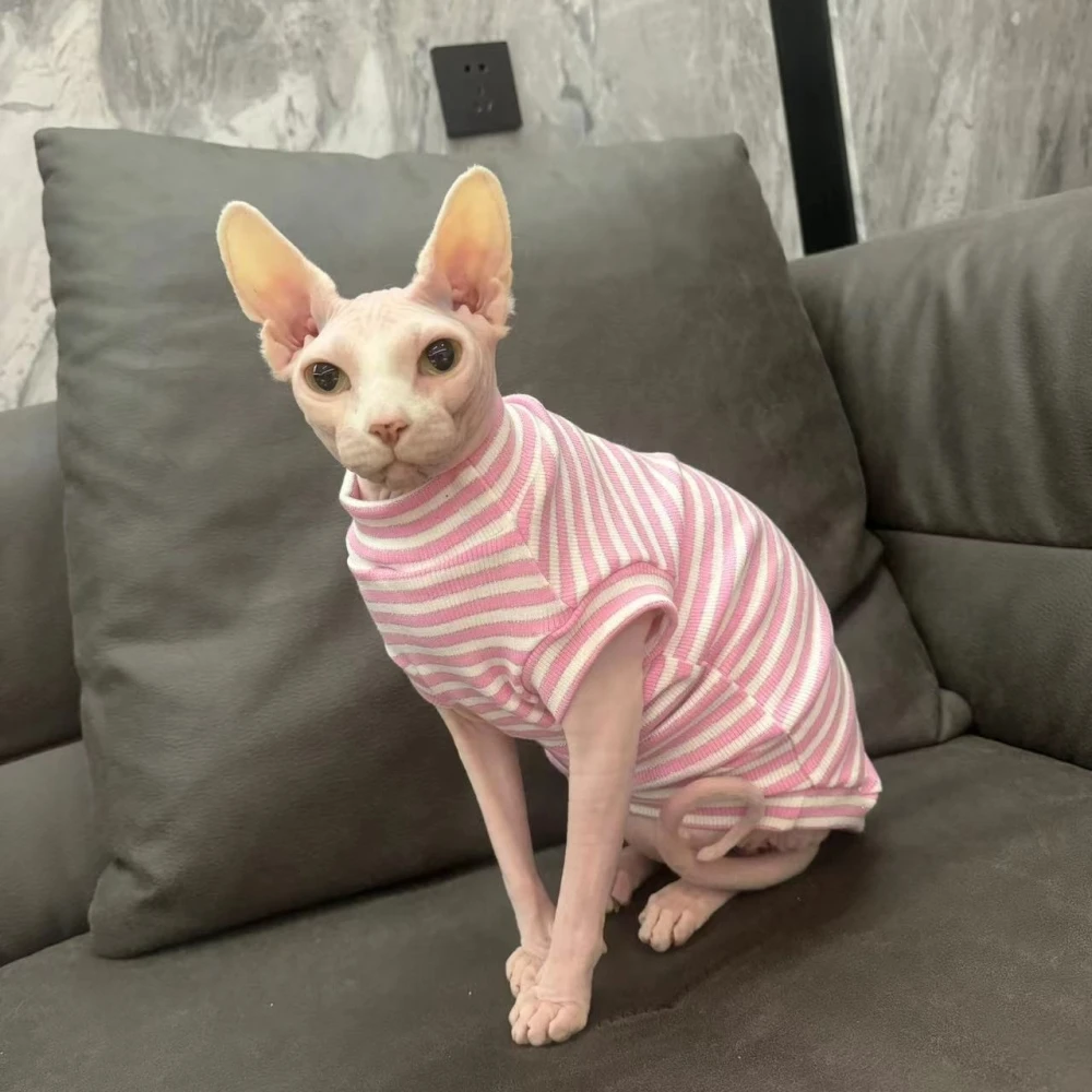 Cotton Striped T-Shirt for Sphynx Cat Summer Spring Short Sleeves Coat for Kittens Dogs Loungewear for Devon Rex Cat Supplies