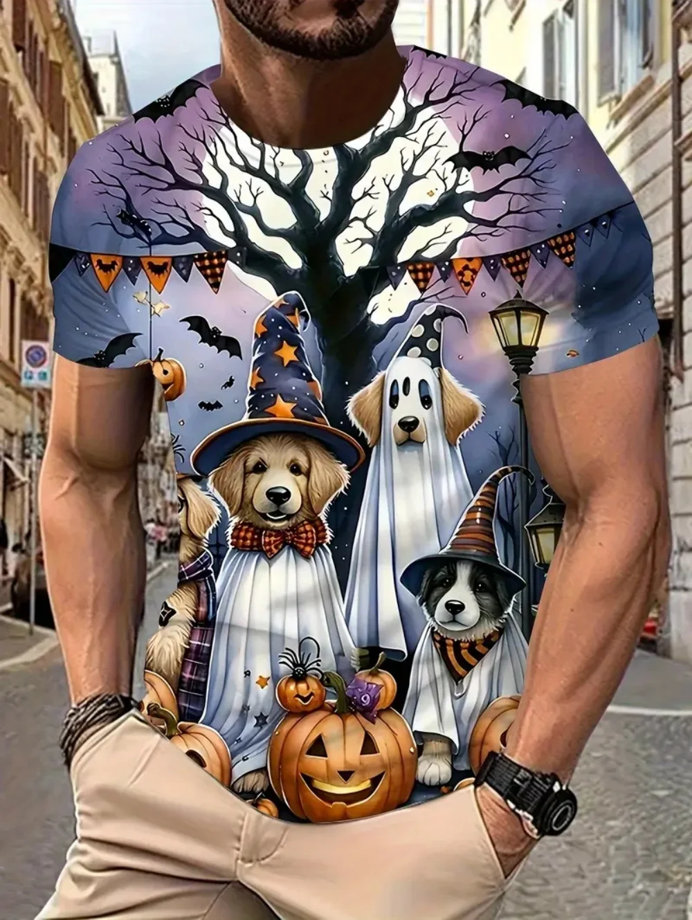 

Halloween Graphic Men's T-Shirts Harajuku Hip Hop Short Sleeve Loose Tees Top Street Pumpkin Head Dog Print Oversize Men Clothes