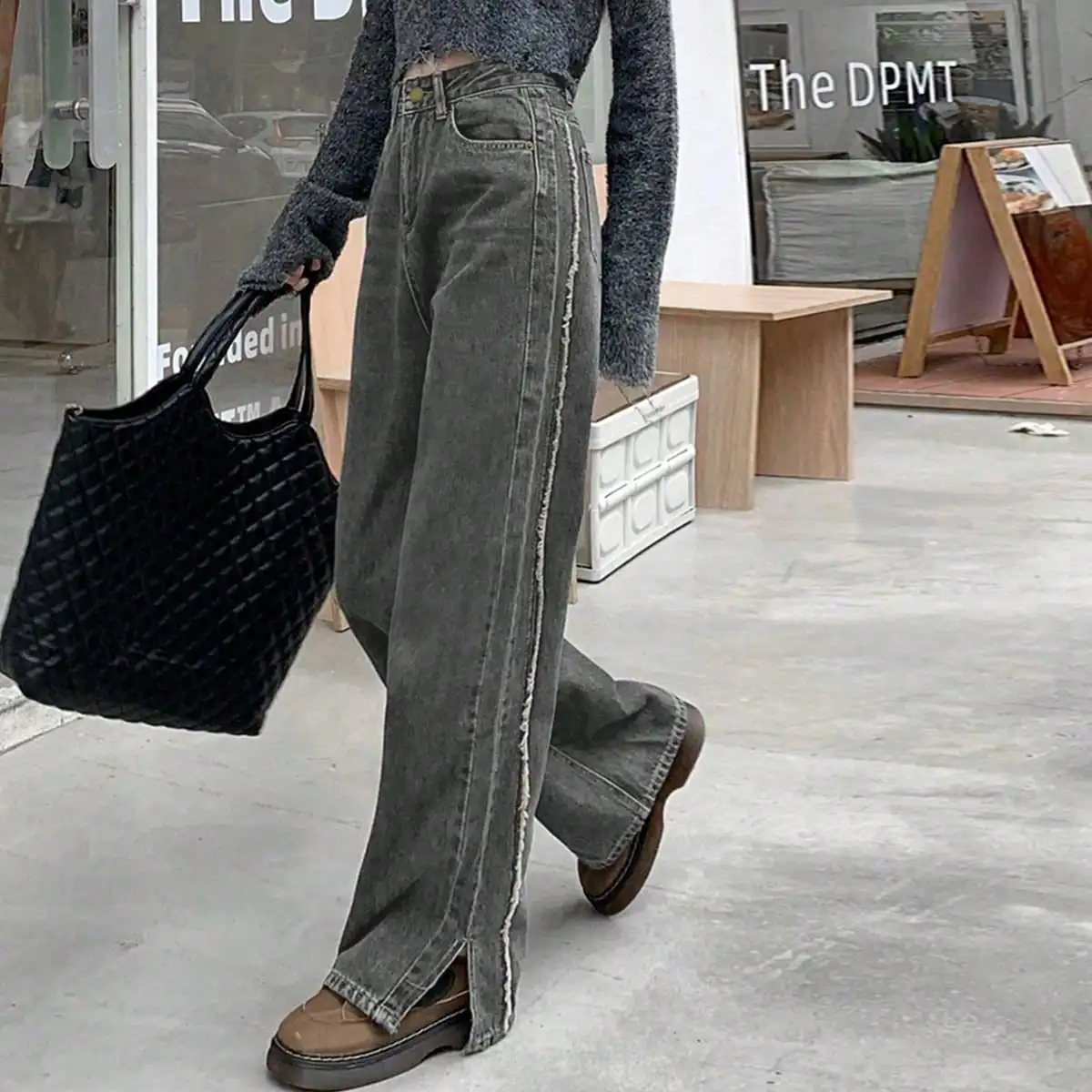 Korean Style Wide-Leg Pants with Slits 2024 New Style This Year's Popular Autum High-Waisted Jeans for Small People