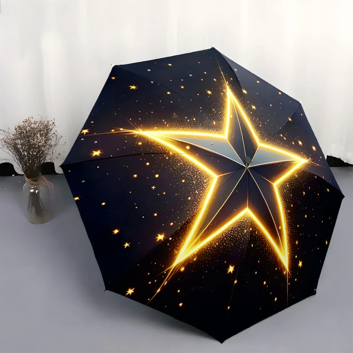 

Automatic Open/Close Umbrella with One-Touch Button - Elegant Golden Star & Smaller Stars Design, Compact Folding Umbrella wit
