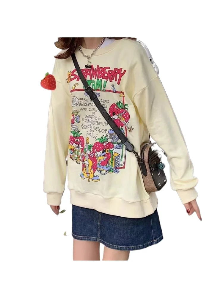 

Y2K Clothes Women Strawberry Sweatshirt Autumn Long Sleeve O-neck Casual Loose Pullovers Korean Fashion Female Harakuju Top