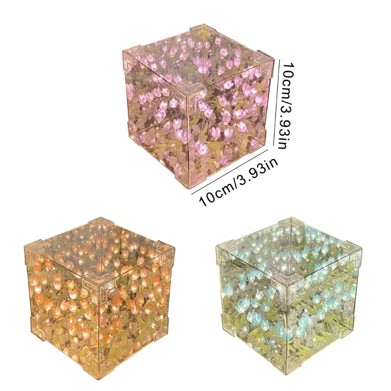 Romance Tulips Night Light DIY Craft Kits Handmade Tulips Flower Square Cube Table Lamp for Home Decors Ambiences Light