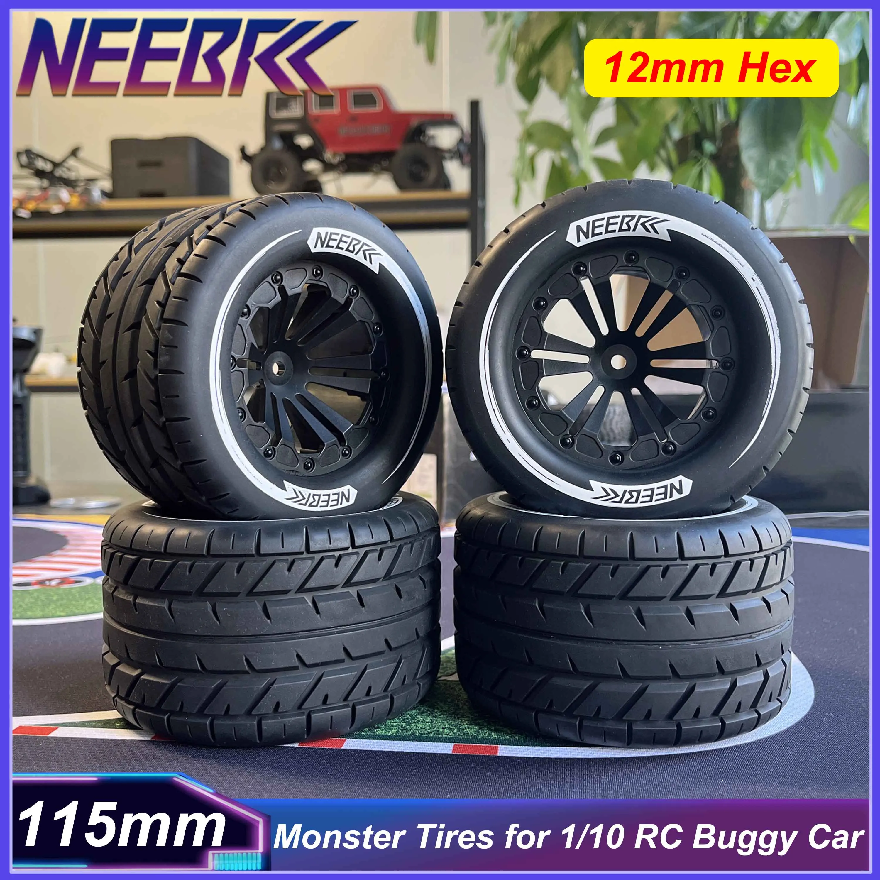4PCS NEEBRC 115mm 12mm Hex Monster Tires Skidproof Wheel Tyre for 1/10 RC Buggy Car Truck HPI HSP Savage XS TM Flux LRP Parts