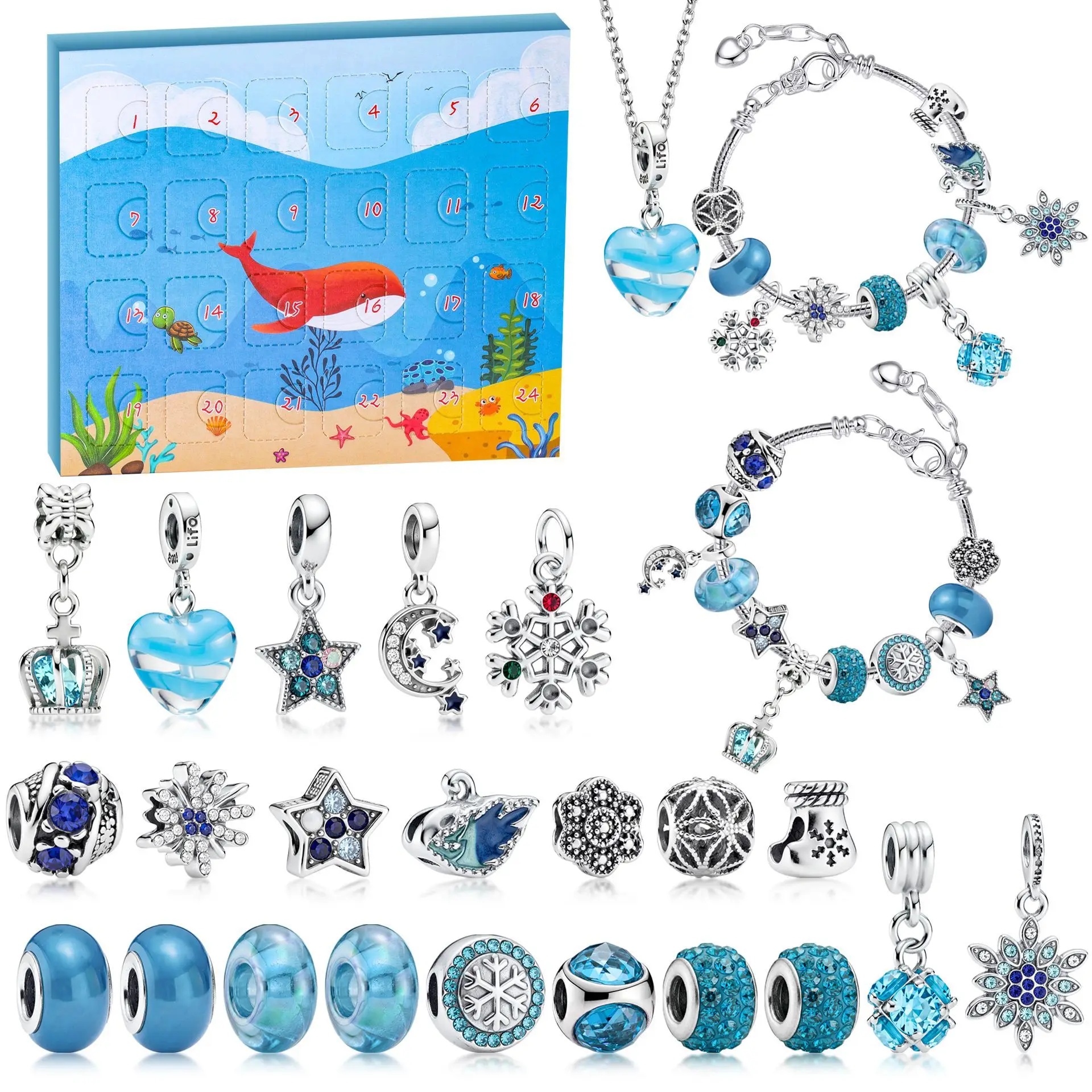Ocean Theme DIY Charm Bracelet Women Advent Calendar Box, Blue Crystal Beads Pendant Bracelet Handmade Christmas Day Jewelry
