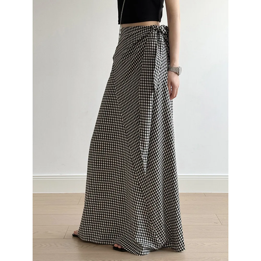 

Дизайнерская клетчатая юбка миди на бретельках для женщин, летняя новинка, длинная юбка трапециевидной формы для обнимания бедра и мытья полов