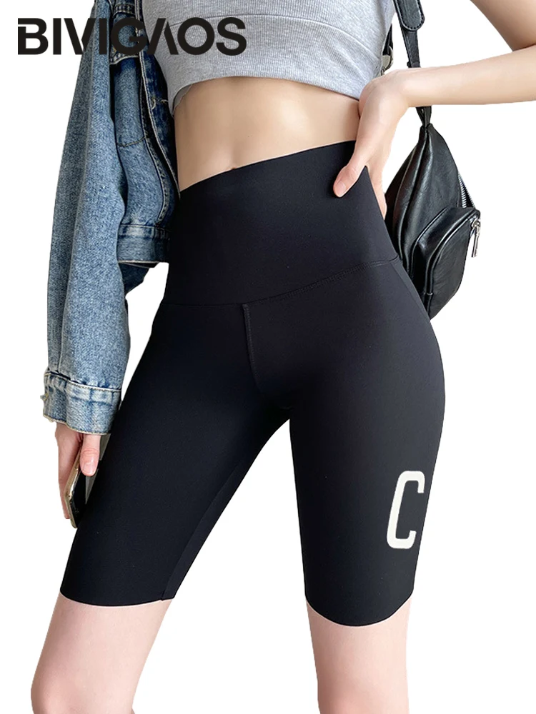 

BIVIGAOS Letter C Printed Sharkskin Cycling Shorts Women Summer High Waist Butt Lifter Biker Shorts Sport Fitness Short Leggings