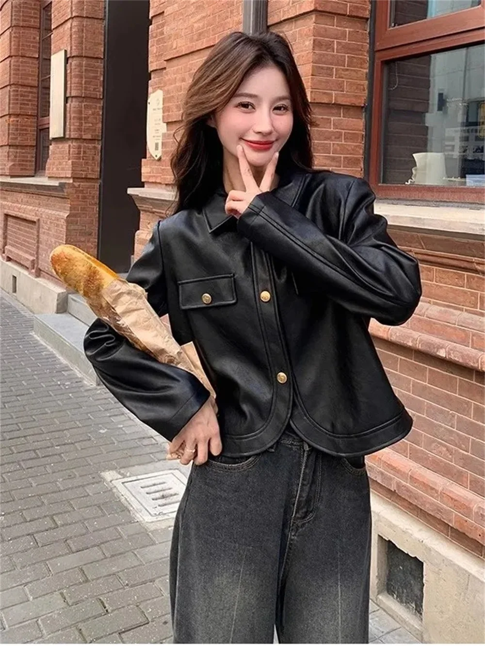 

Korean Retro Design Leather Jacket For Women In Spring And Autumn New Small And Versatile Motorcycle PU Leather Jacket Stylish
