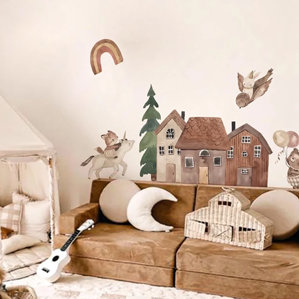 Small Town Wall Decals Animals Vinyl Nordic Style Wall Stickers Peel and Stick for Nursery Bedroom Kid Room Home Art Decor