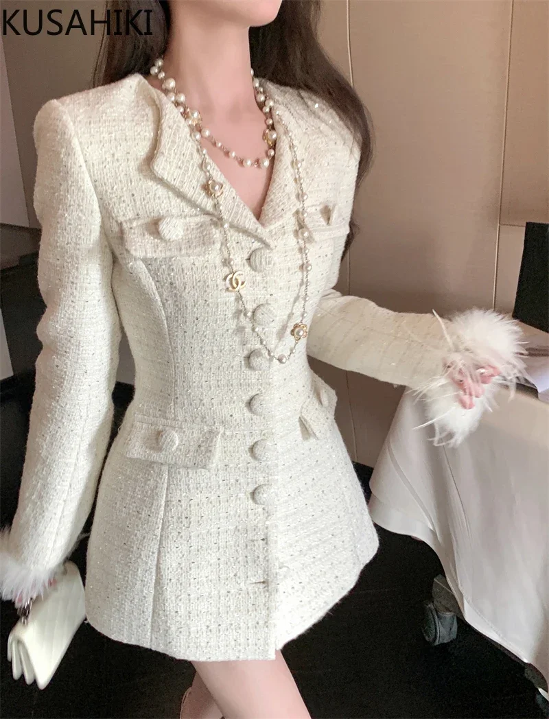 KUSAHIKI Elegant Fur Patchwork Women Jacket 2023 Autumn Single Breasted Turn-down Collar Korean Slim Waist Medium-long Coat