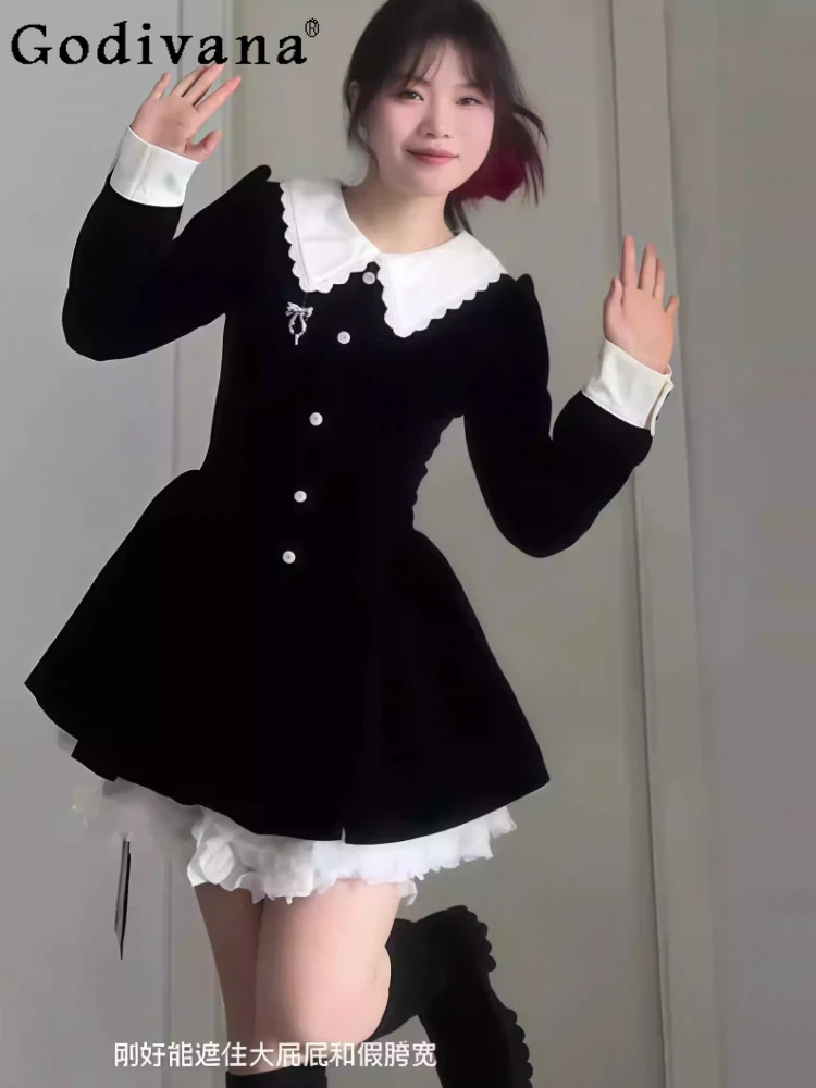 

Осень-зима, женское французское черное бархатное платье большого размера с длинными рукавами, модное возрастное кружевное черное платье с высокой талией