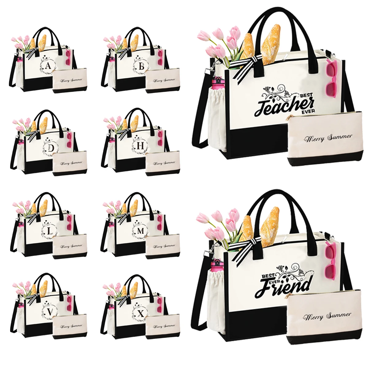 2Pcs Trendy Letter Print Canvas Tote Bag,  Large Waterproof Zipper Shoulder Bag With Side & Inner Pocket