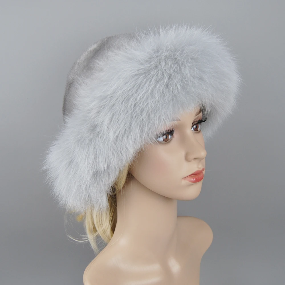 Real Fur Hat Winter for Women's Cap Natural Mink Fur with Fox Beanie Luxury Russian Sun Knitting Bucket Hat Bonnets Wholesale