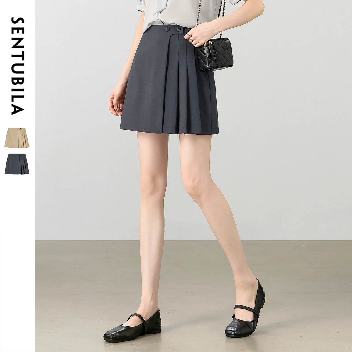 

SENTUBILA Female Clothing Autumn New Commuting A-Line High Waist Pleated Skirt Asymmetric Hem Lady Slim Shorts Skirts 153QB0010