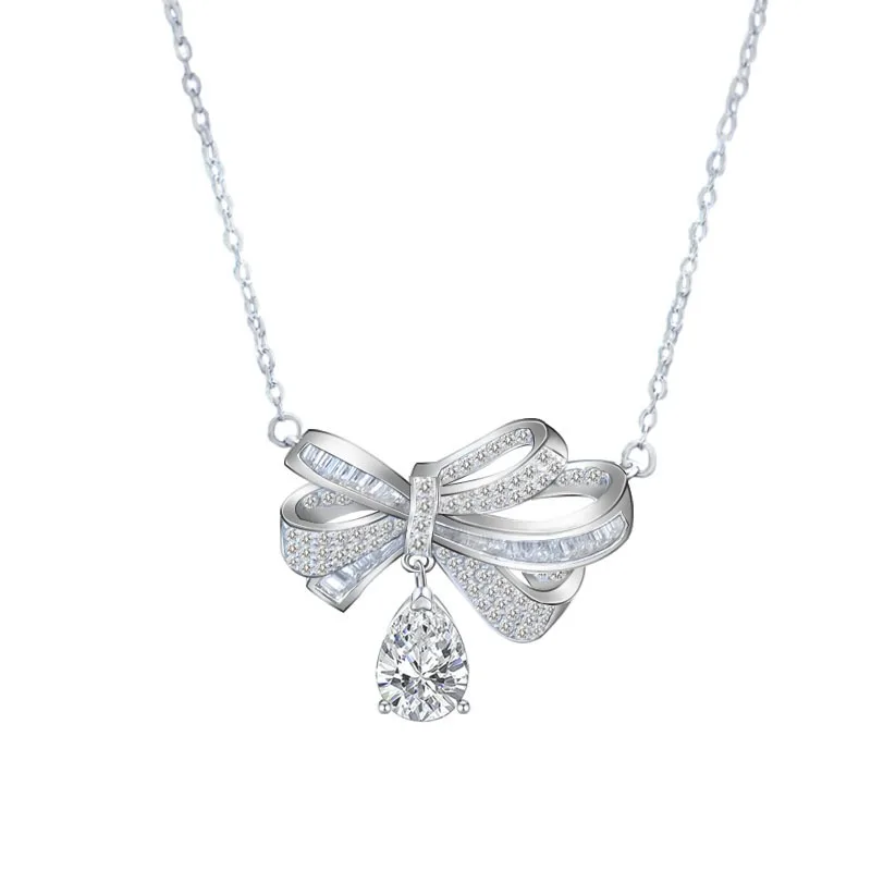 LENNIK 925 Silver Necklace, Tassel Bow, Teardrop Moissanite Pendant, Stylish and Versatile Accessory