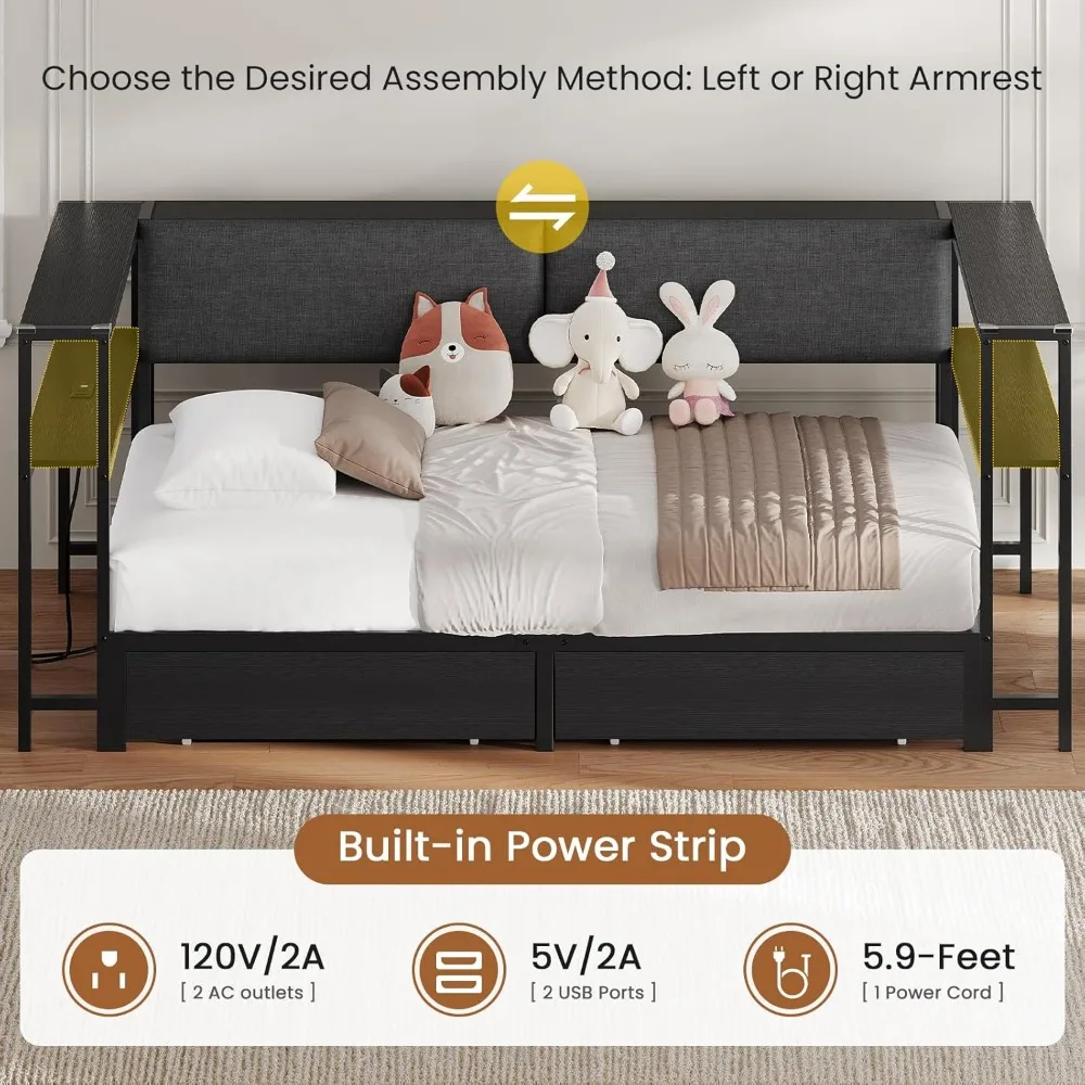 Espreguiçadeira dupla com estante de armazenamento e gavetas, estrutura de cama para quarto infantil, unidade de tamanho duplo com estação de carregamento, cama de canto